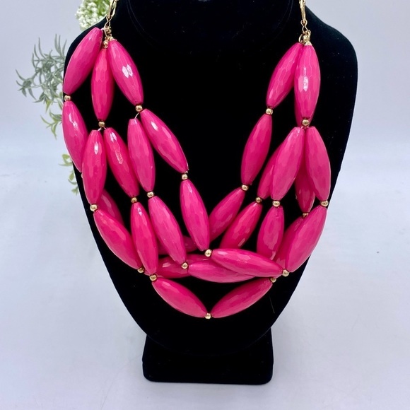 Amrita Singh Statement Multi-Strand Hot Pink Beads and Gold Tone Chain Necklace - Picture 1 of 15